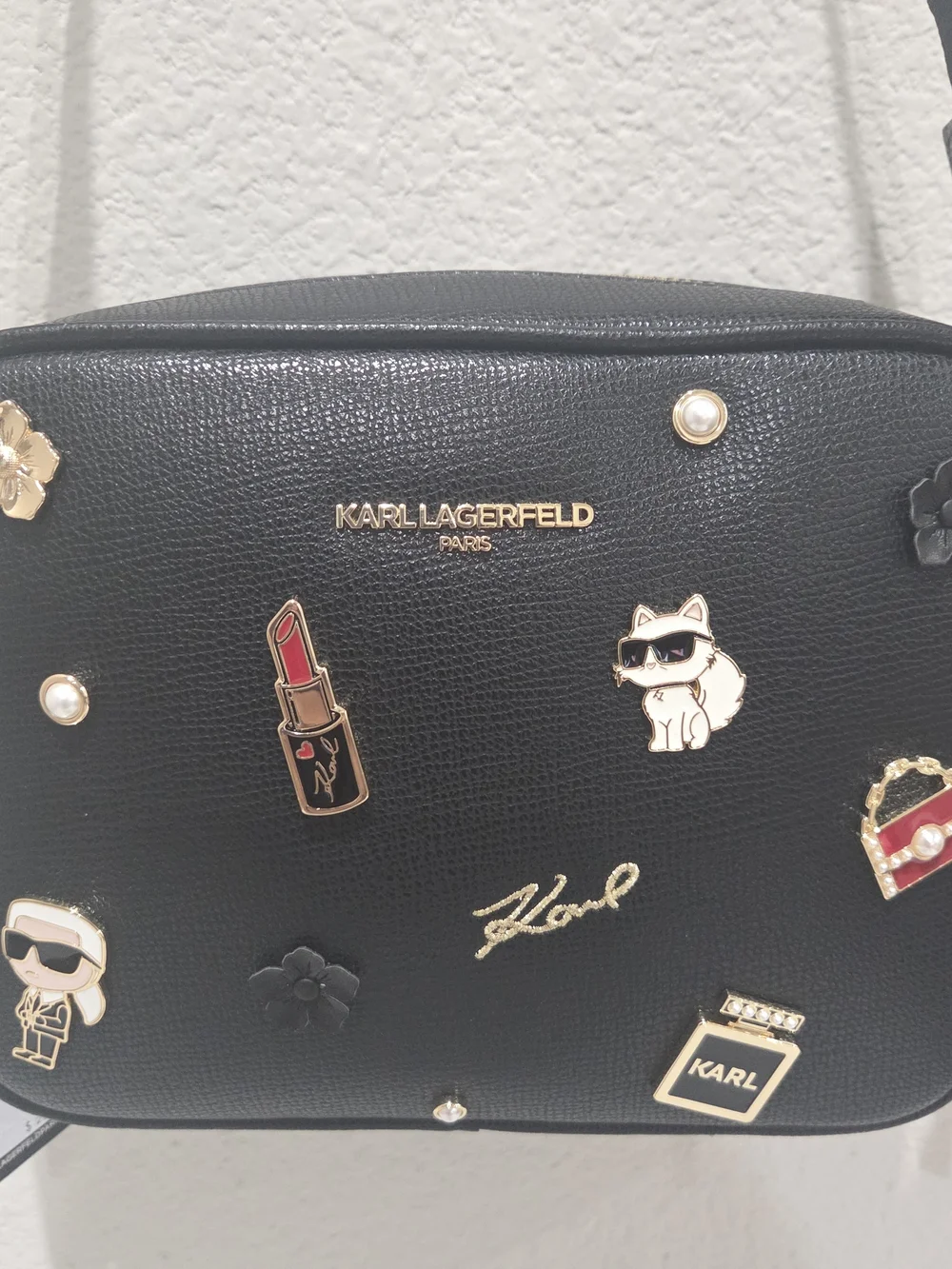 Karl Lagerfeld Black Crossbody Bag with Logo Strap Charm Pouch Pins NWT L6DEU6CJ